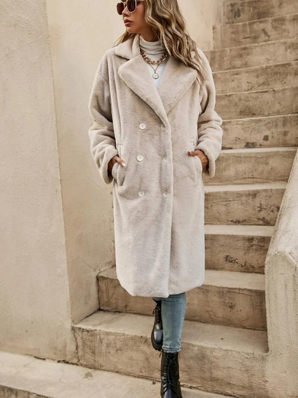 Apricot Casual Women's Drop Shoulder Double Breasted Teddy Coat